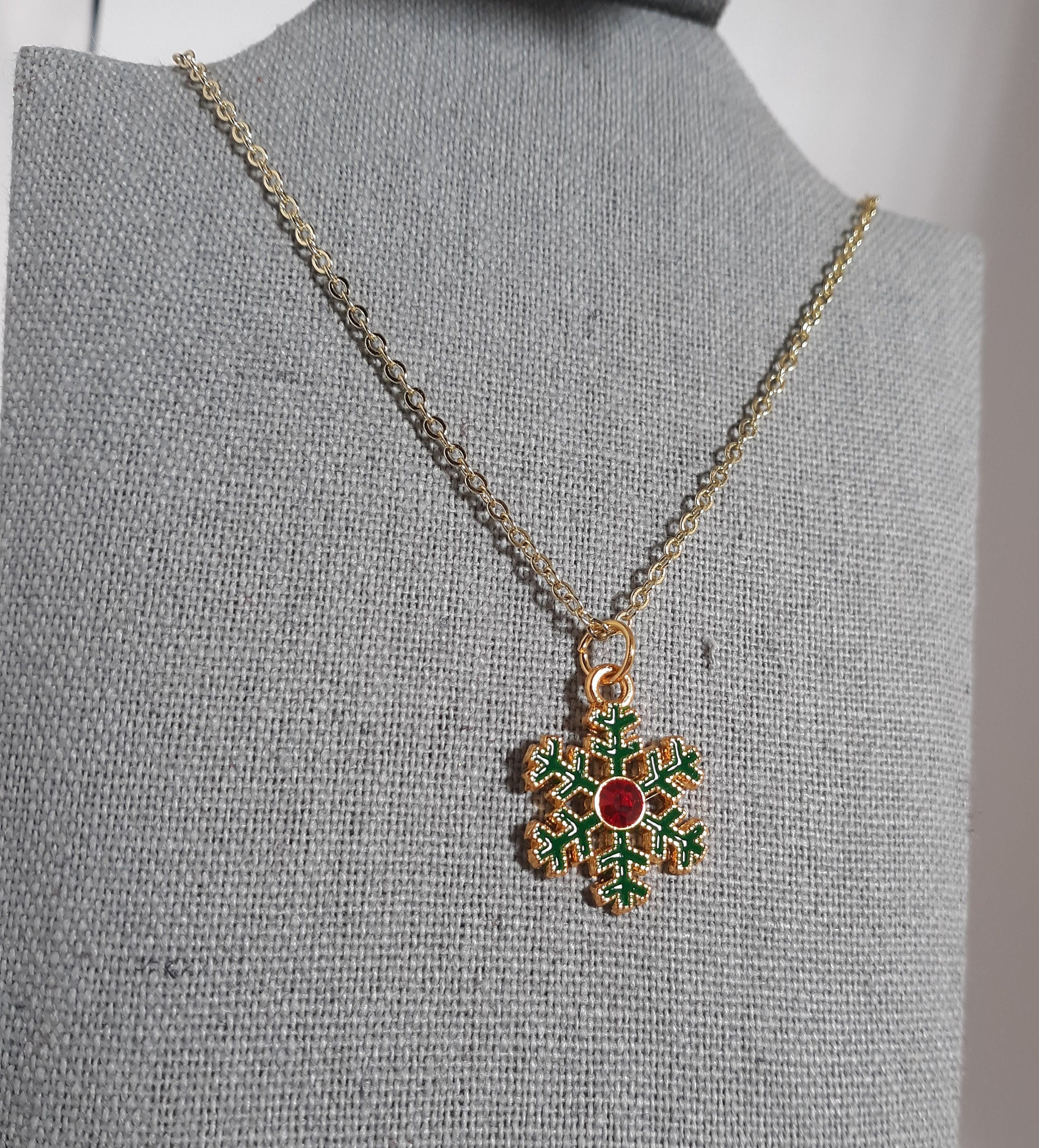 Gold, Green and Red Christmas Snowflake Necklace