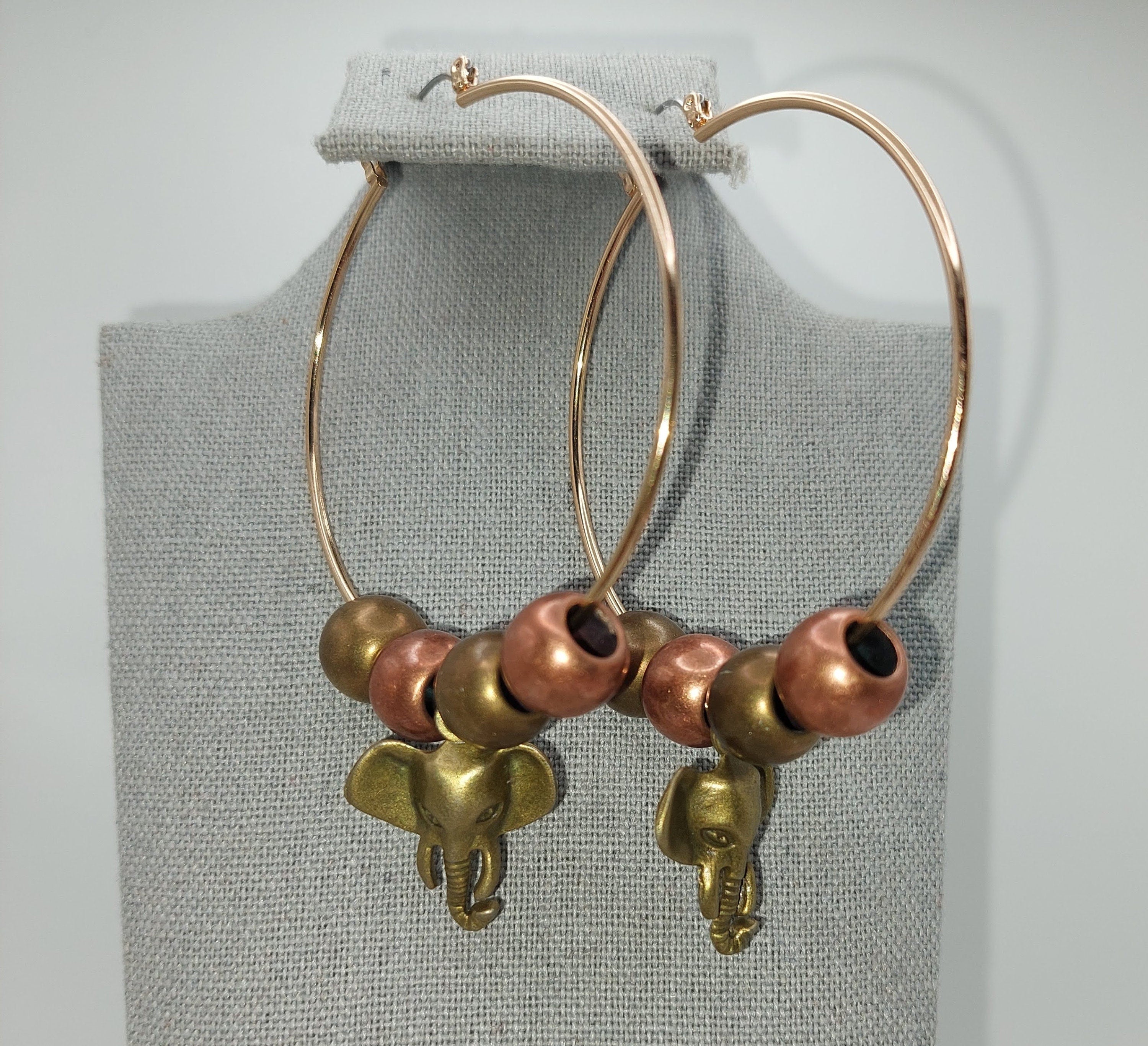 Bronze and Gold Beaded Elephant Earrings