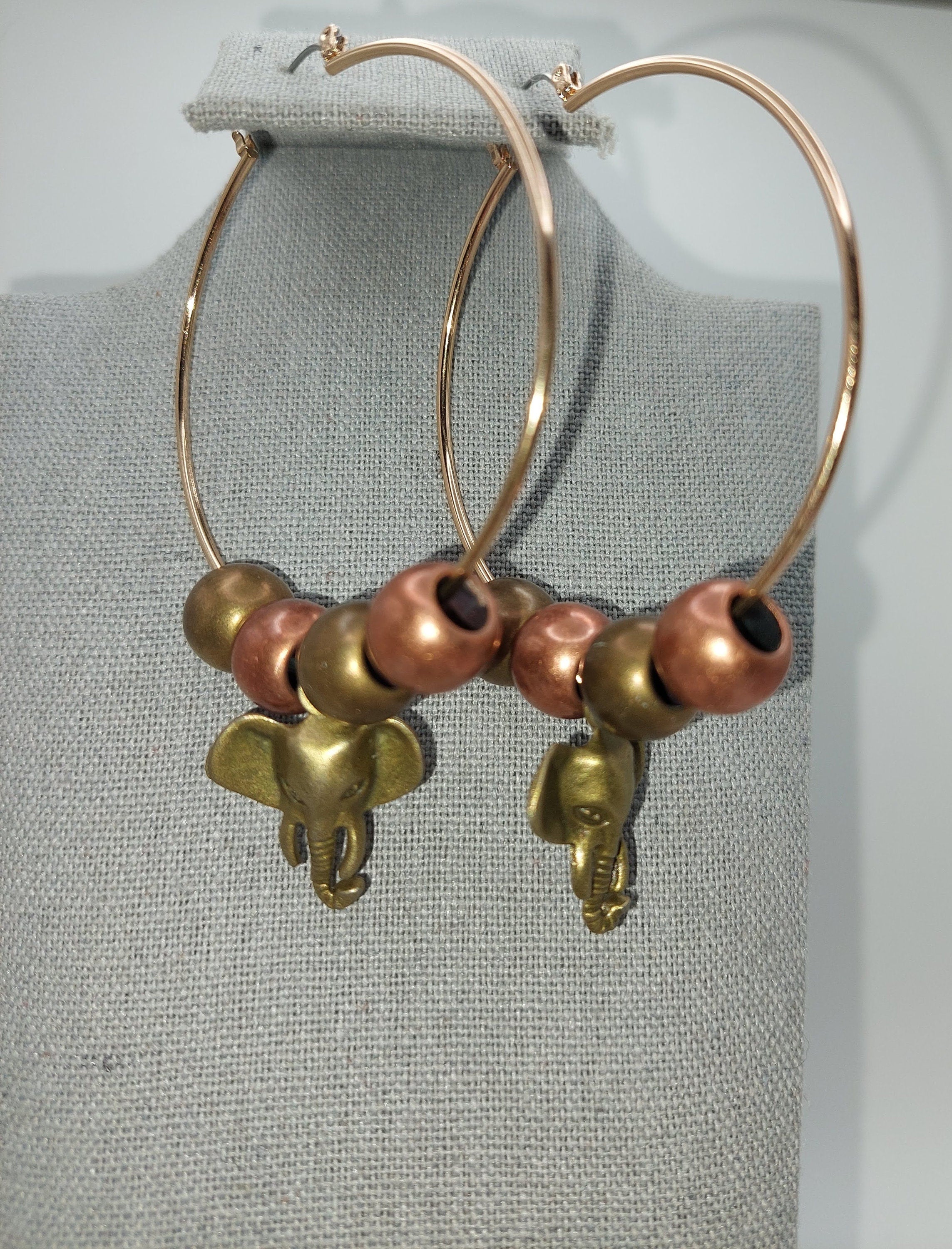 Bronze and Gold Beaded Elephant Earrings