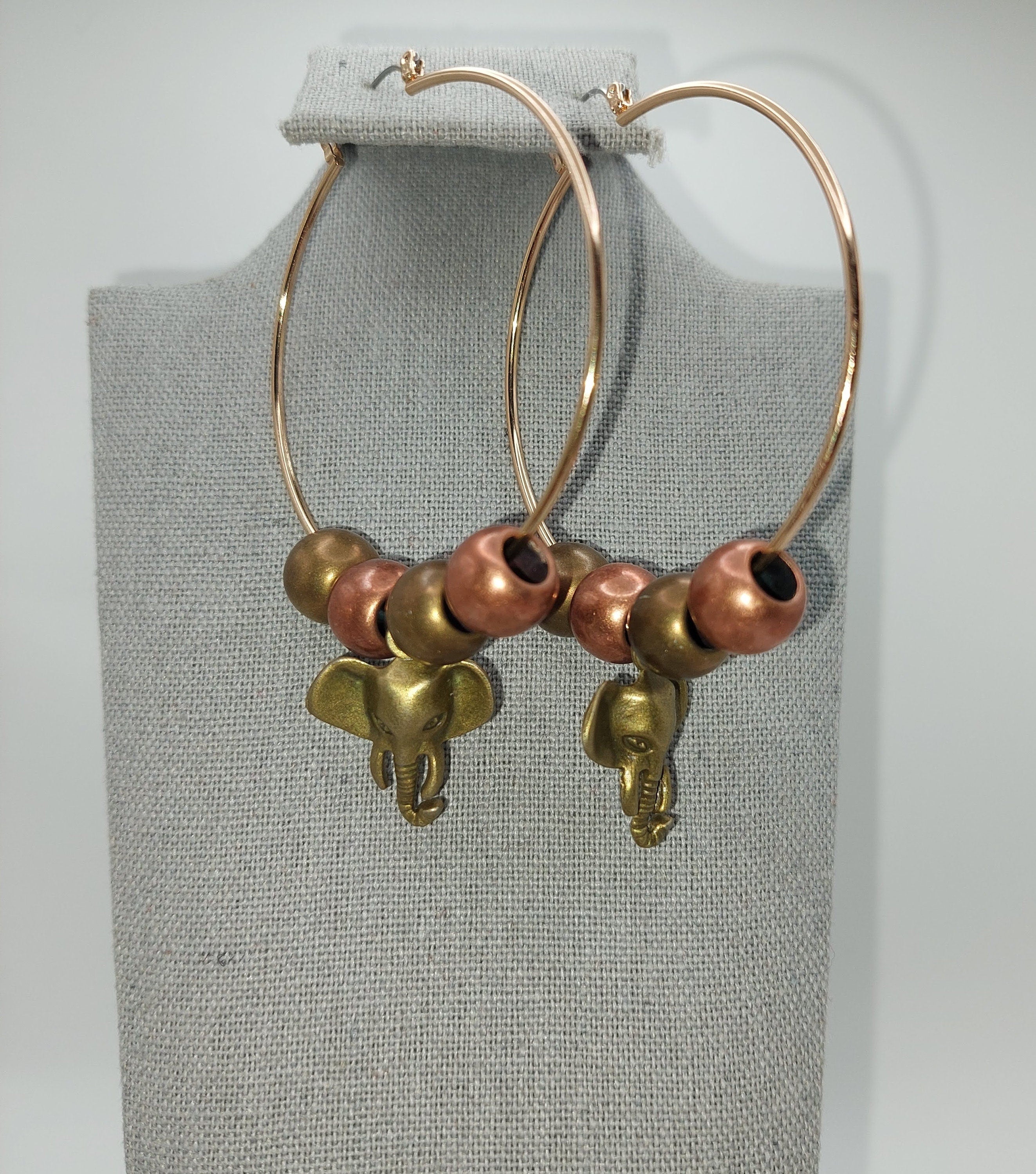 Bronze and Gold Beaded Elephant Earrings