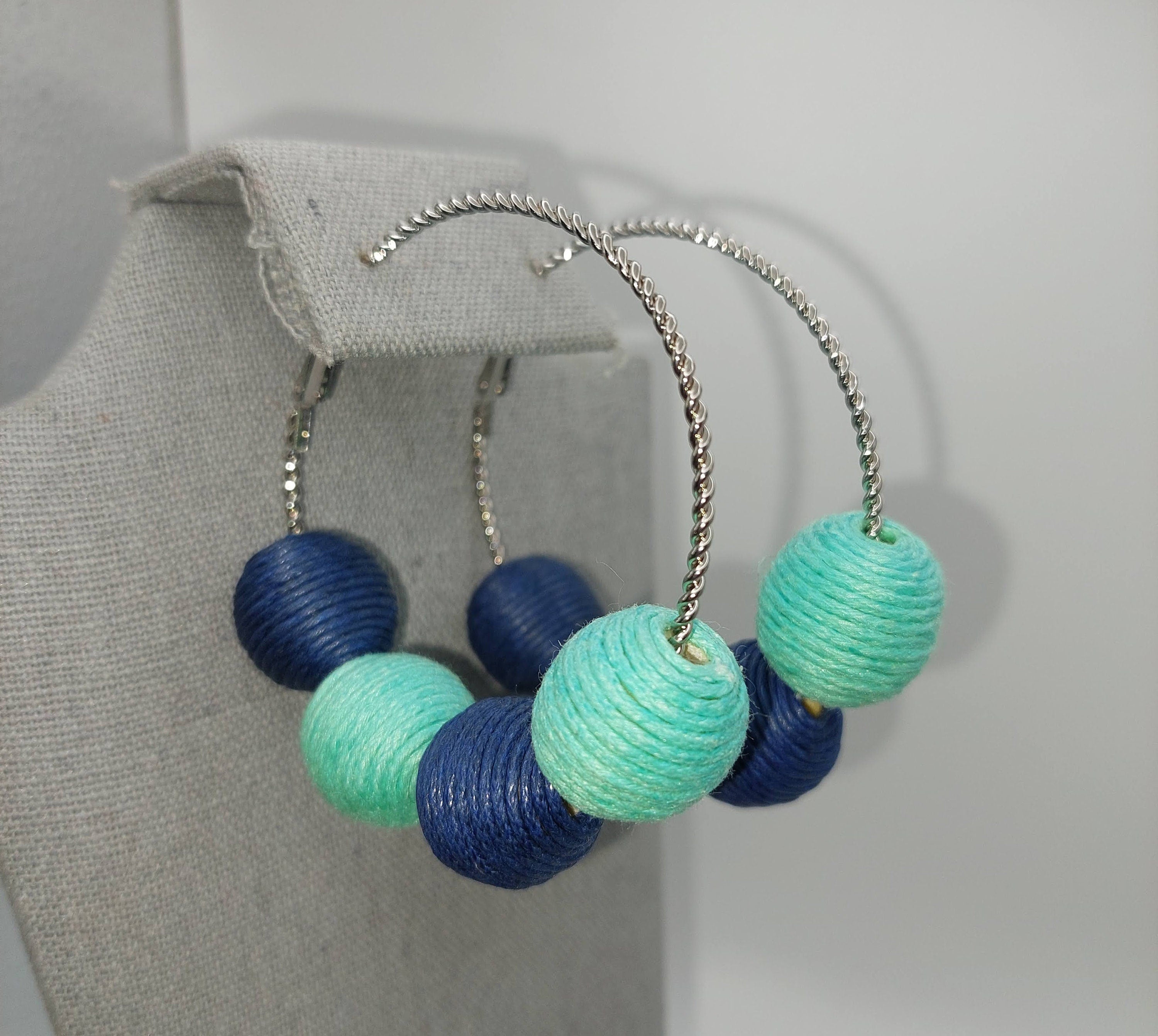 Light and Dark Blue Beaded Hoop Earrings