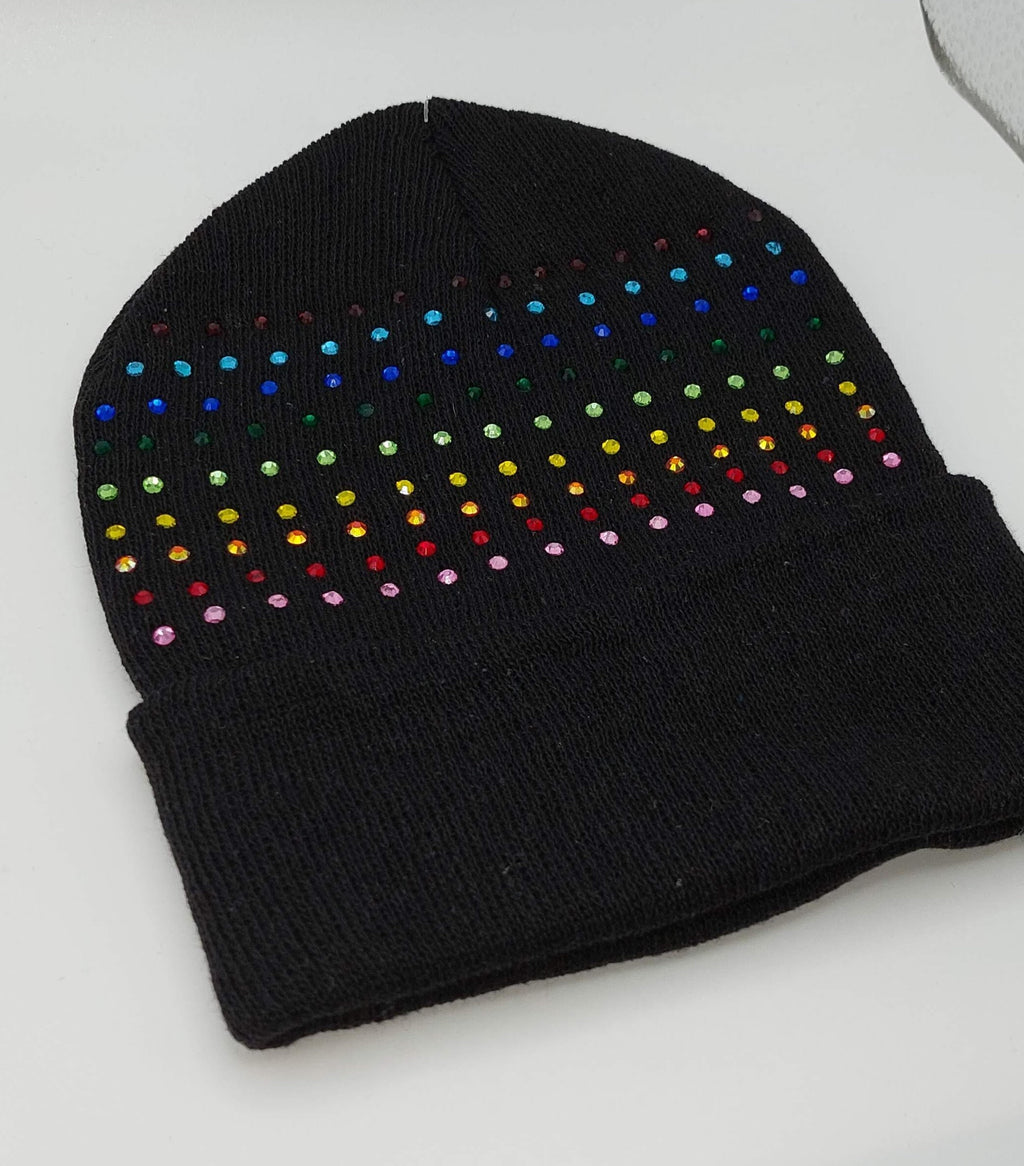 Black Rainbow Rhinestone Sparkly Winter Knit Hat Skull Cap Beanie
