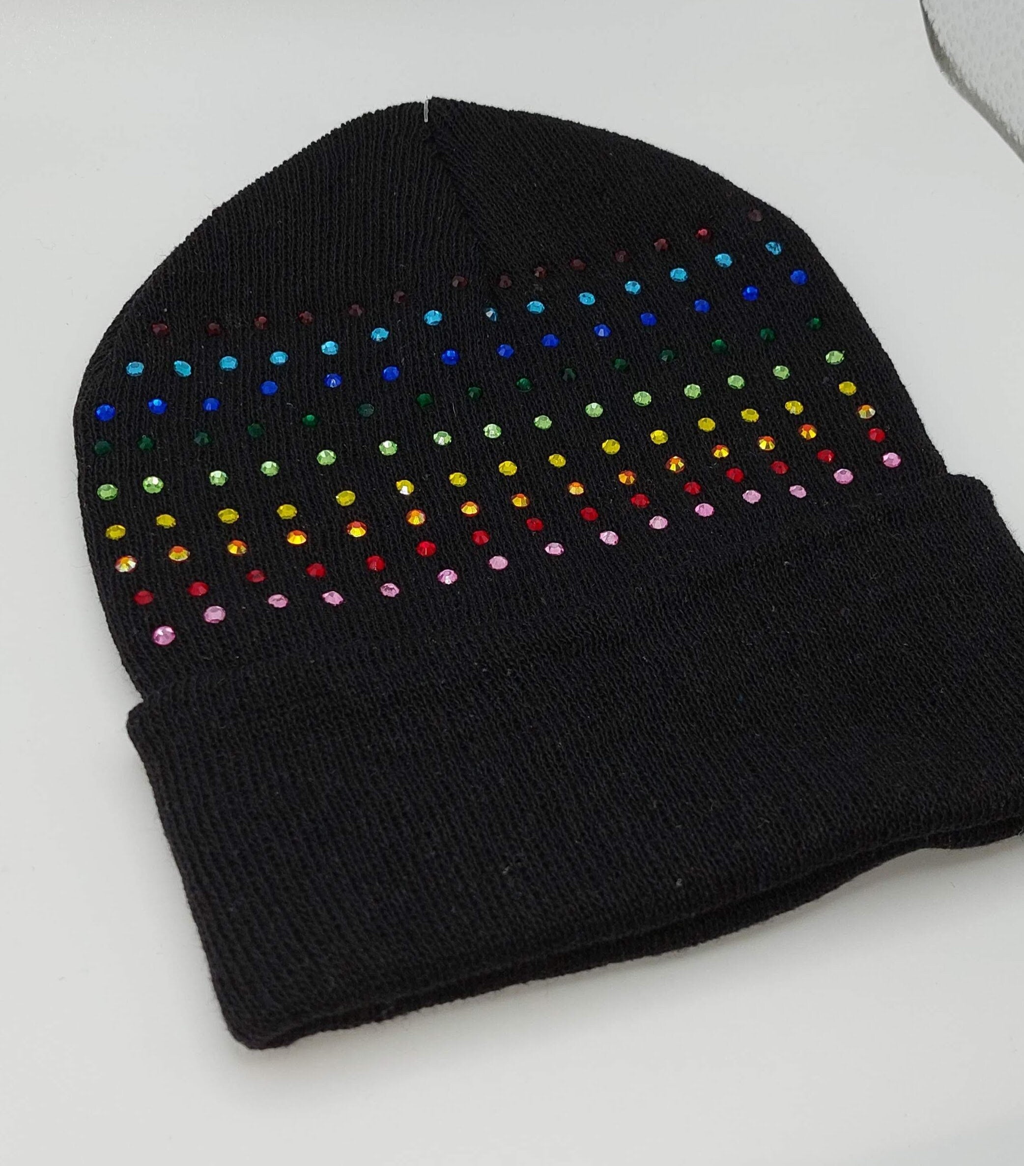 Black Rainbow Rhinestone Sparkly Winter Knit Hat Skull Cap Beanie