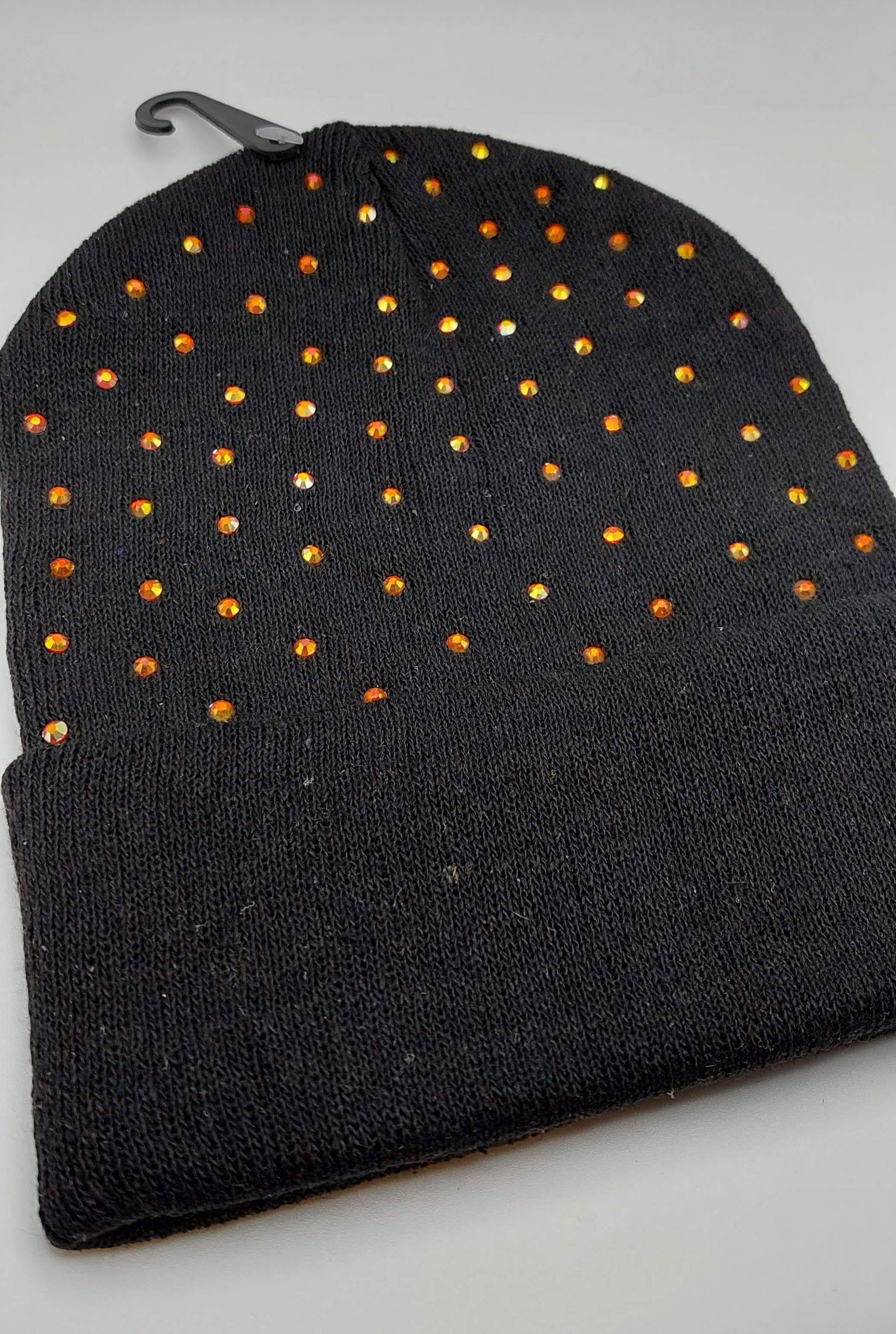 Black, Green/Orange Sparkly Rhinestone Winter Hat Skull Cap Beanie