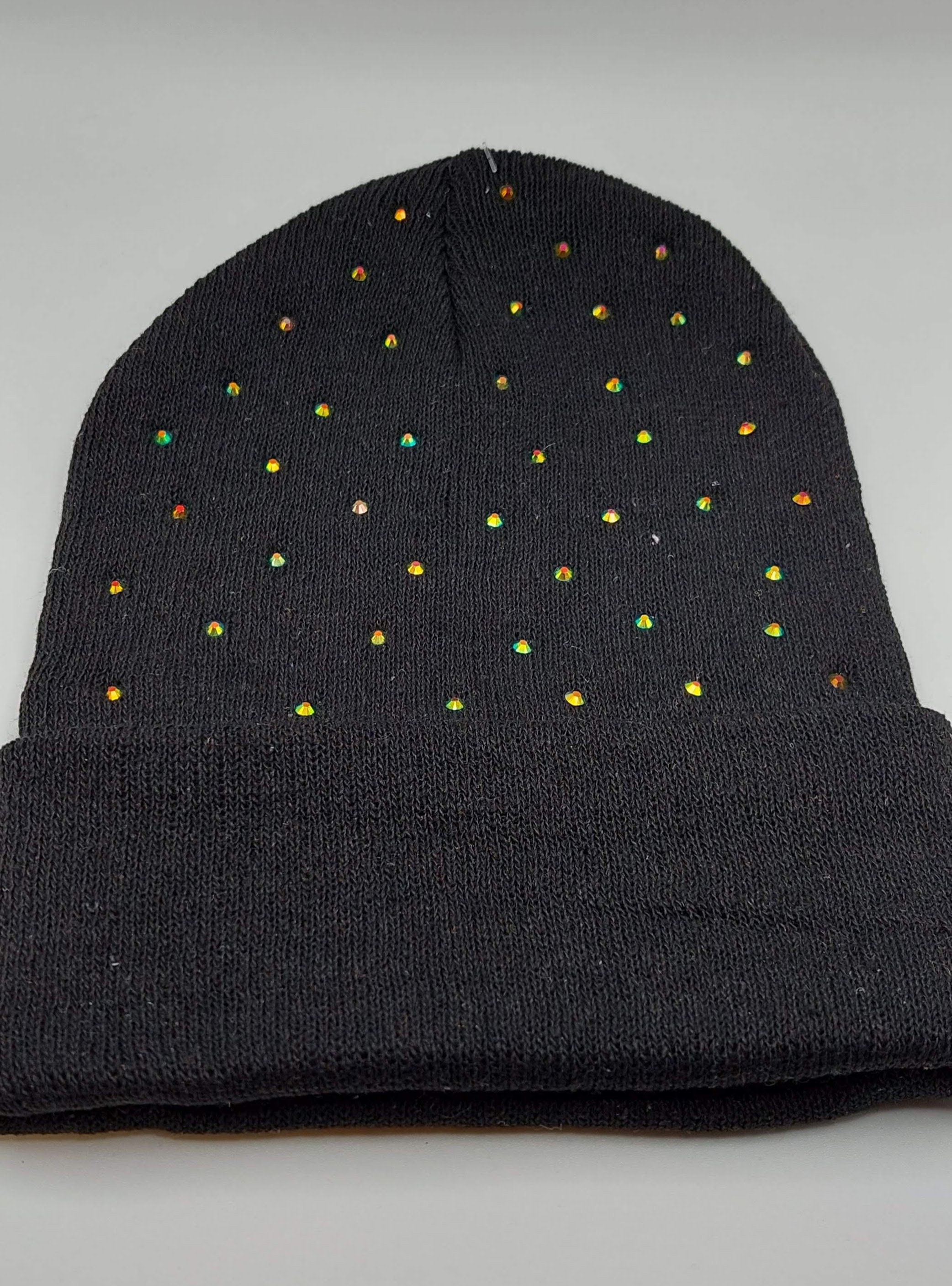 Black, Green/Orange Sparkly Rhinestone Winter Hat Skull Cap Beanie