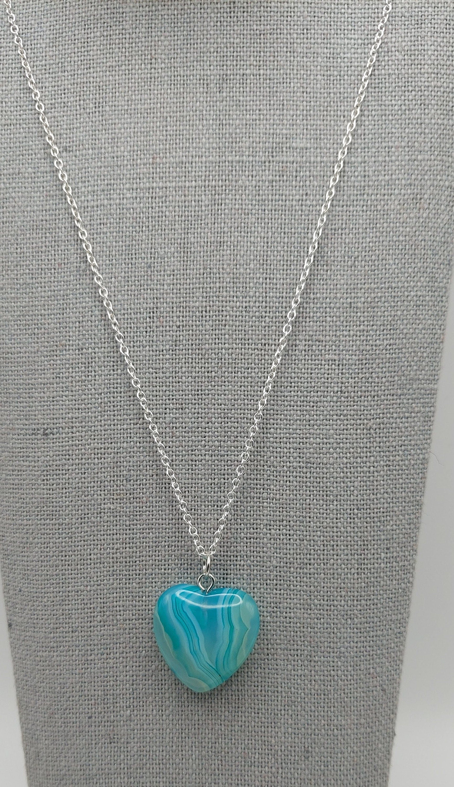 Blue and White Onyx Agate Heart Pendant Necklace