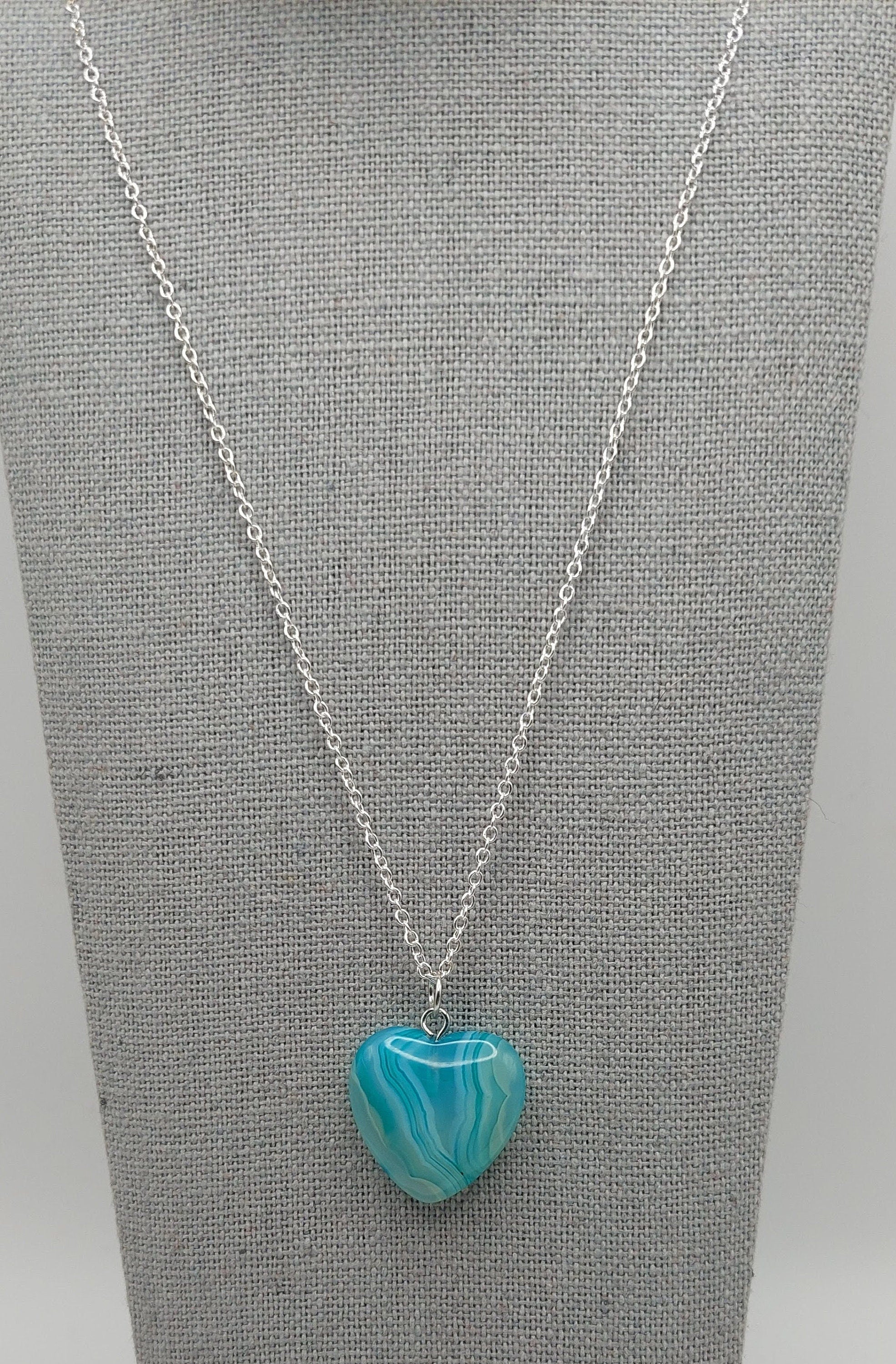 Blue and White Onyx Agate Heart Pendant Necklace