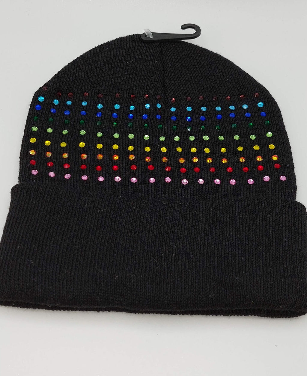 Black Rainbow Rhinestone Sparkly Winter Knit Hat Skull Cap Beanie