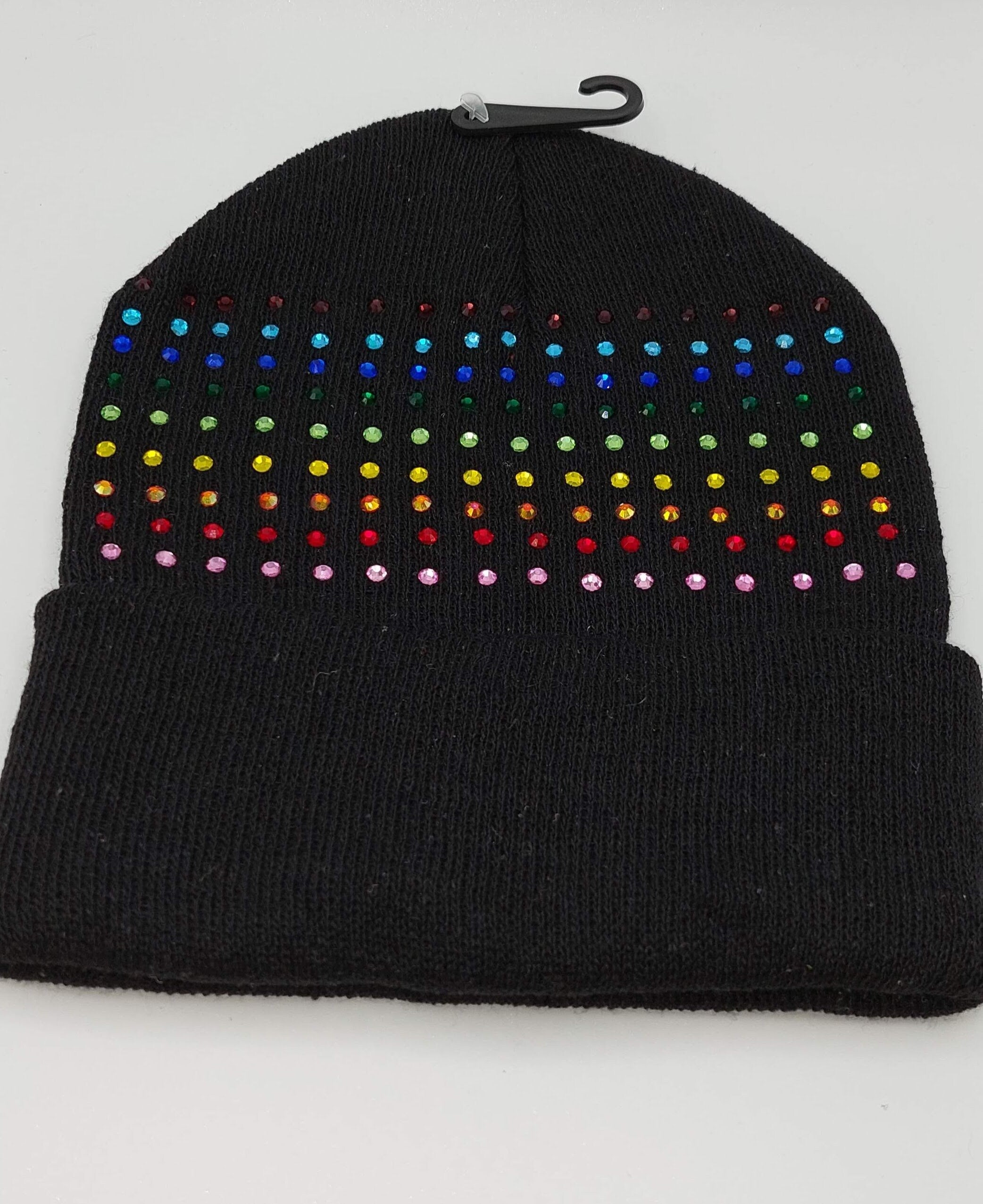 Black Rainbow Rhinestone Sparkly Winter Knit Hat Skull Cap Beanie