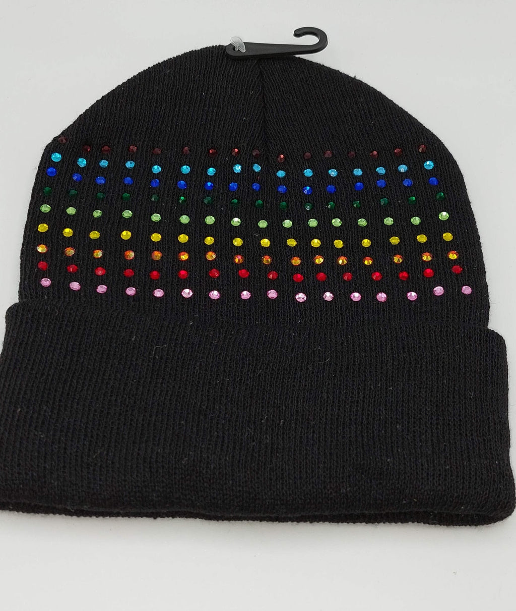 Black Rainbow Rhinestone Sparkly Winter Knit Hat Skull Cap Beanie