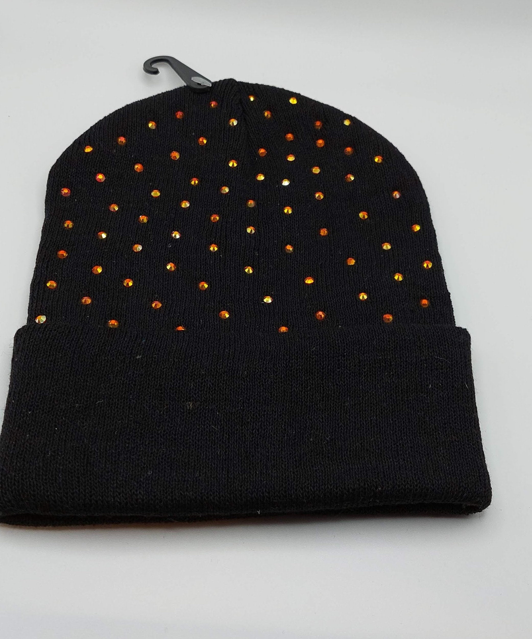 Black, Green/Orange Sparkly Rhinestone Winter Hat Skull Cap Beanie