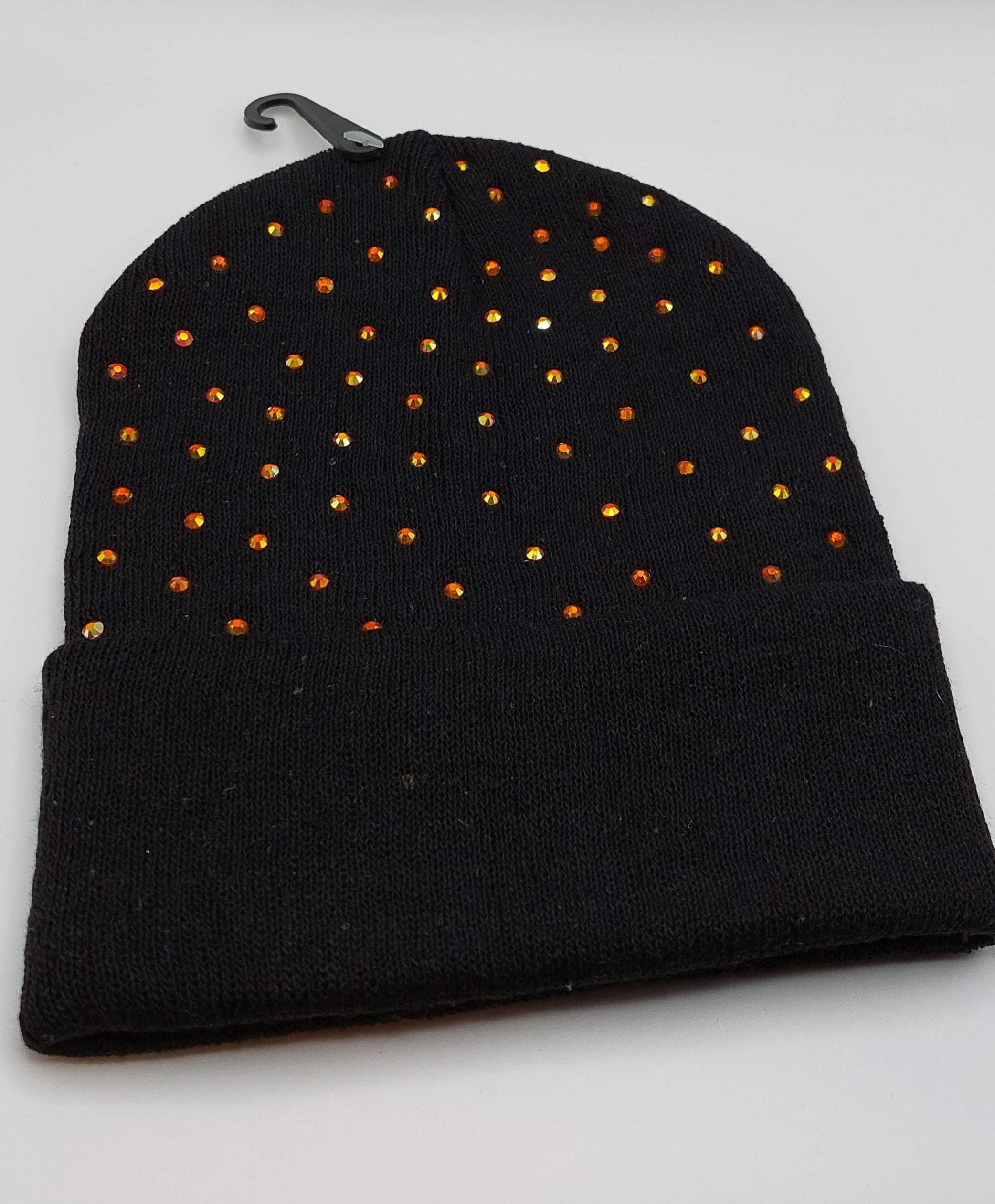 Black, Green/Orange Sparkly Rhinestone Winter Hat Skull Cap Beanie