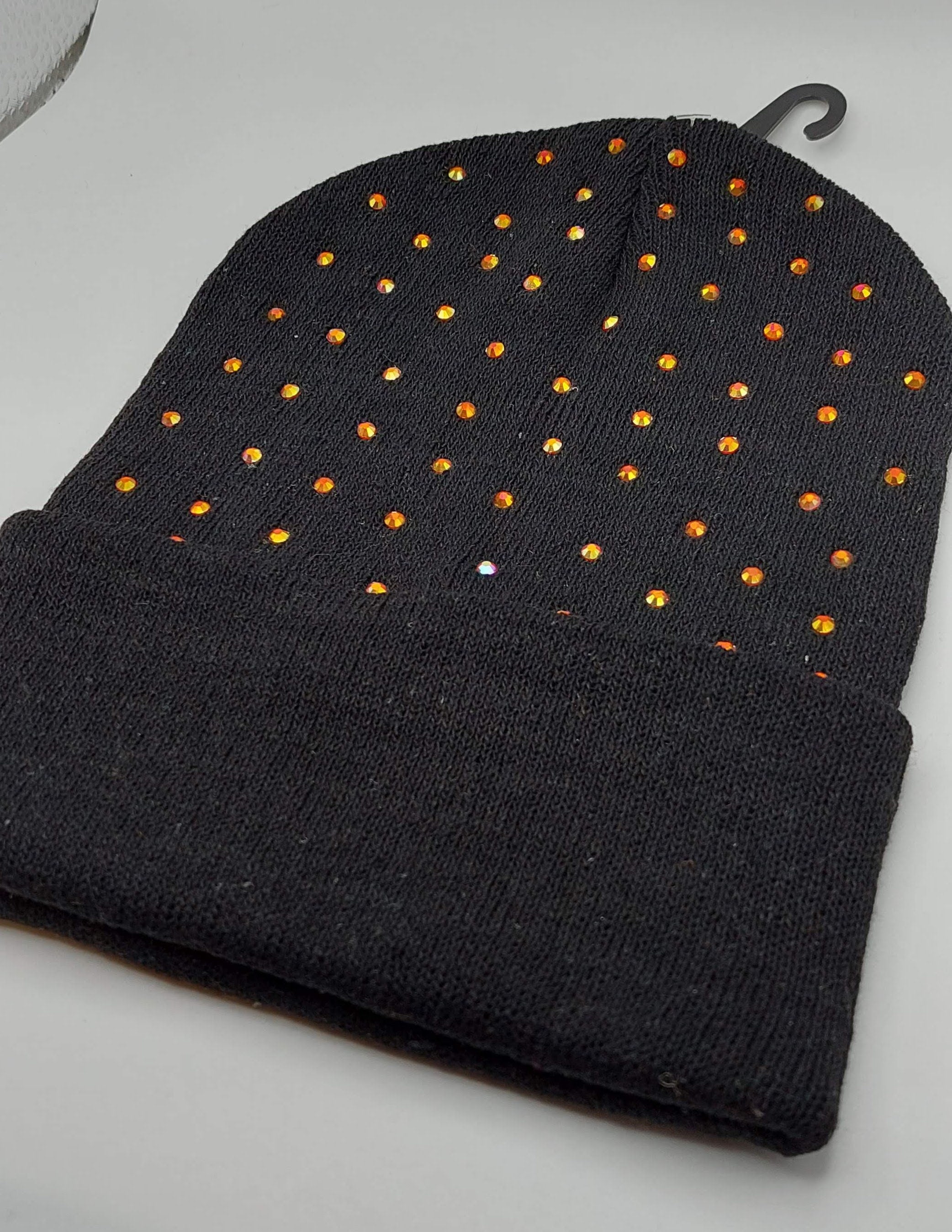 Black, Green/Orange Sparkly Rhinestone Winter Hat Skull Cap Beanie