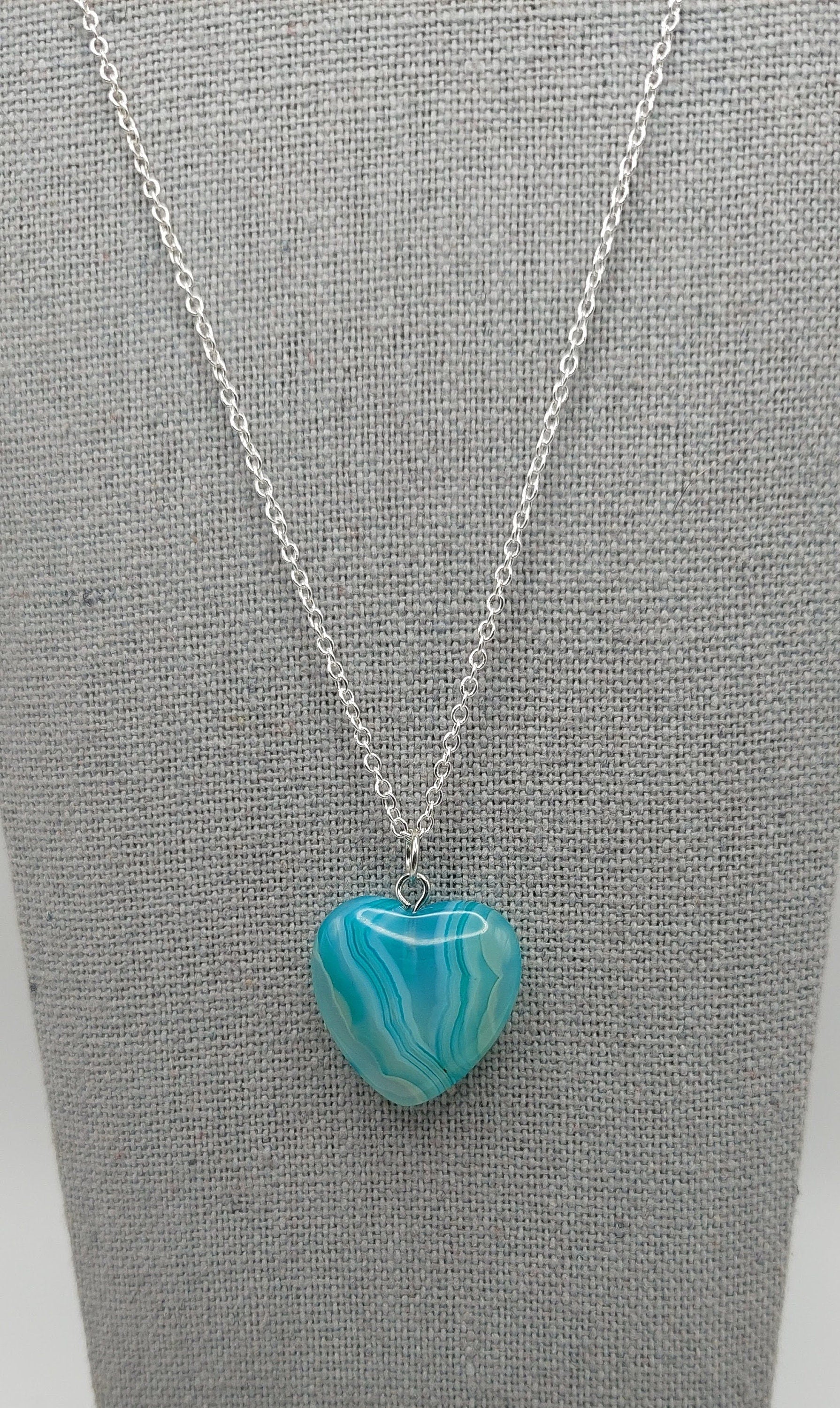 Blue and White Onyx Agate Heart Pendant Necklace