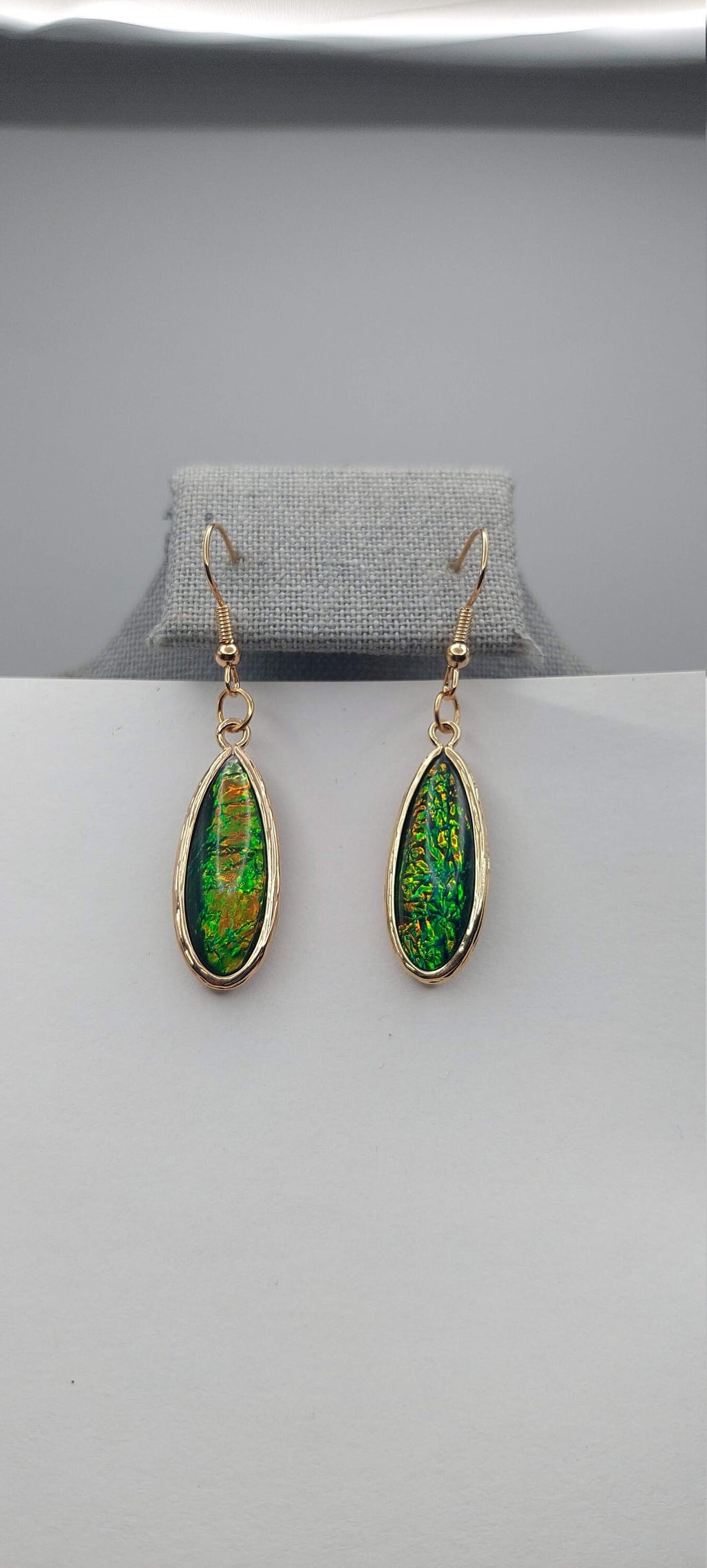 Mulitcolored Black Teal Opal and Emerald Green Teardrop Earrings