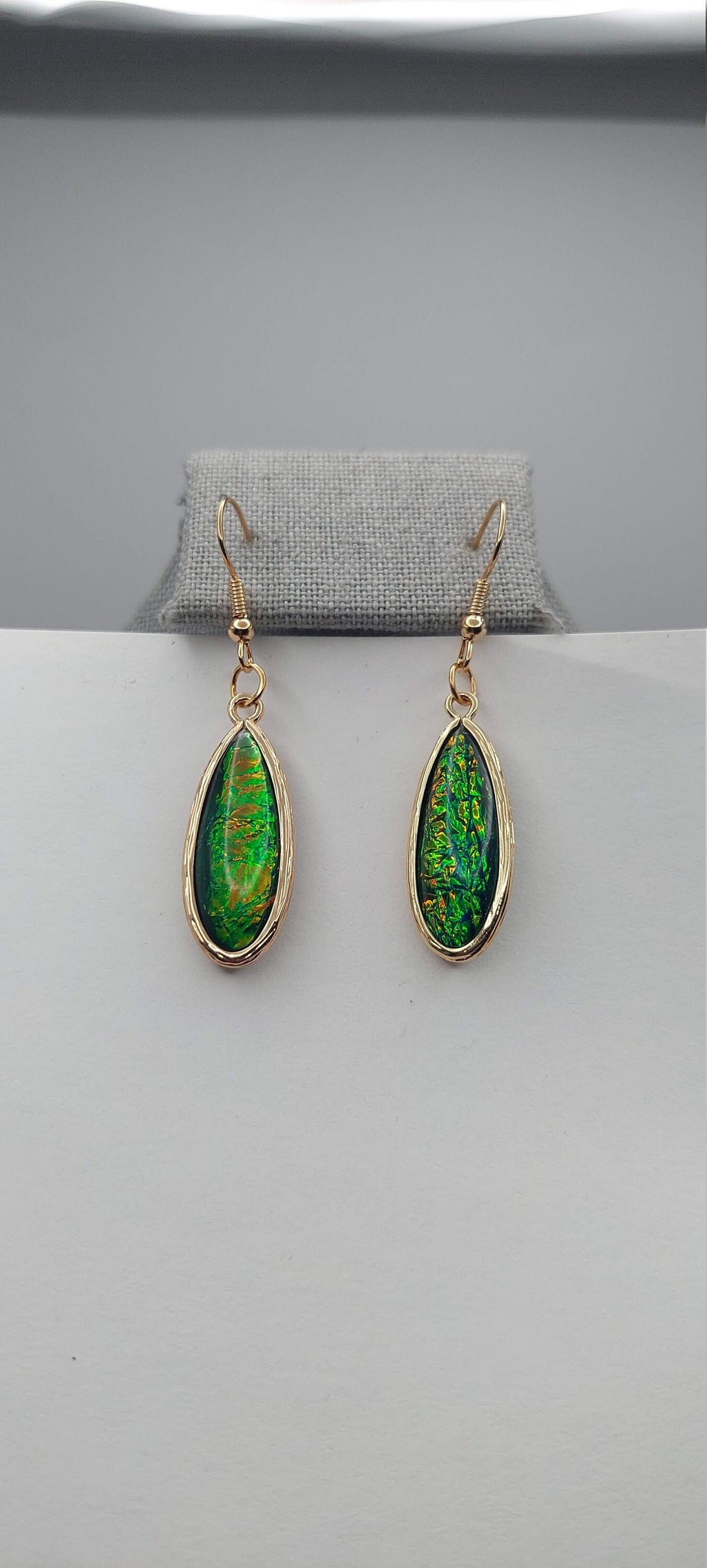 Mulitcolored Black Teal Opal and Emerald Green Teardrop Earrings