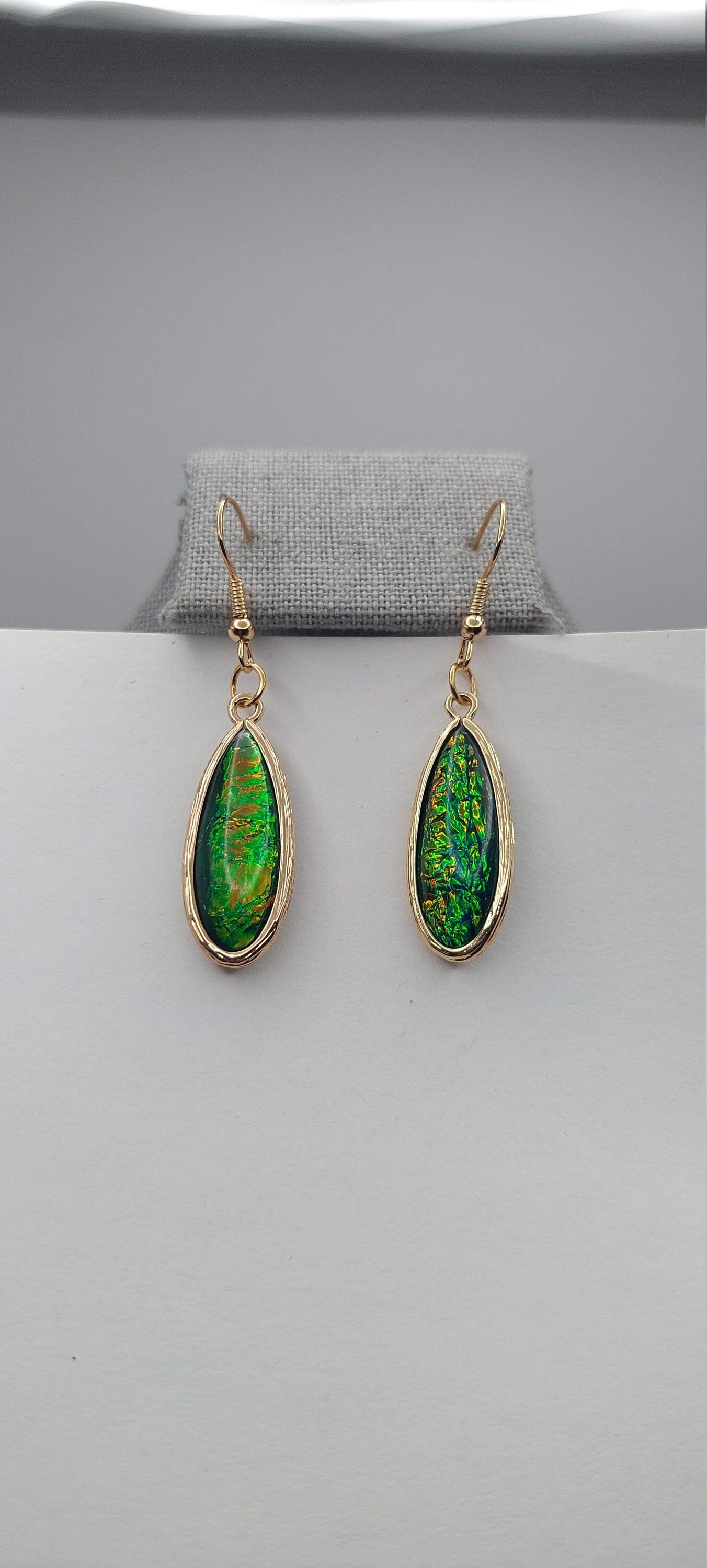 Mulitcolored Black Teal Opal and Emerald Green Teardrop Earrings